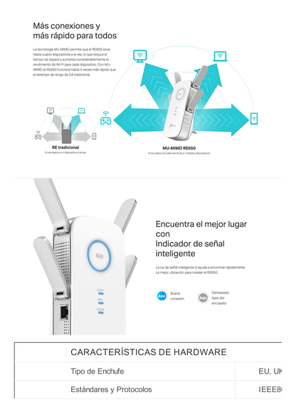 Repetidor / Extensor de Cobertura WiFi AC, 2600 Mbps, doble banda 2.4 GHz y 5 GHz, con 1 puerto 10/100/1000 Mbps, 4 antenas externas