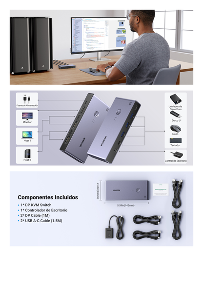 Conmutador KVM DisplayPort 8K | DP 1.4 | 2 Entradas 1 Salida | 4 Puertos USB 3.0 (3 USBA *1 USBC) | Soporta 8K@60Hz | HDR | Control de Escritorio | Carcasa de Aluminio | Indicador Led | Compatible Win, MacOs y Linux.