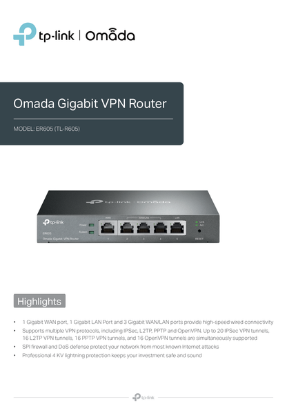 Router Multi-WAN VPN TP-Link Omada ER605 V2.6 con 5 puertos gigabit (hasta 3 puertos WAN) SafeStream 1 puerto USB 2.0