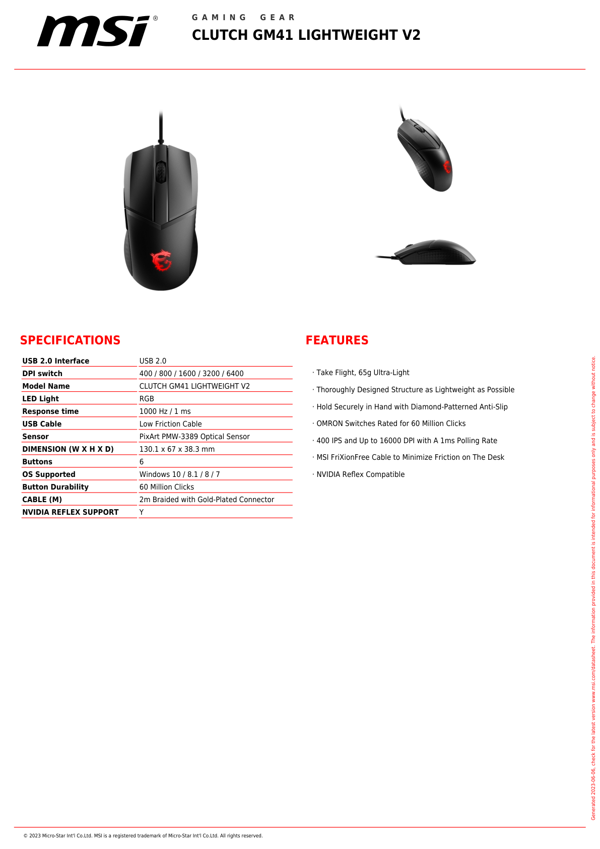 Mouse MSI CLUTCH GM41 LIGHTWEIGHT V2 USB alambrico RGB DPI hasta 6400