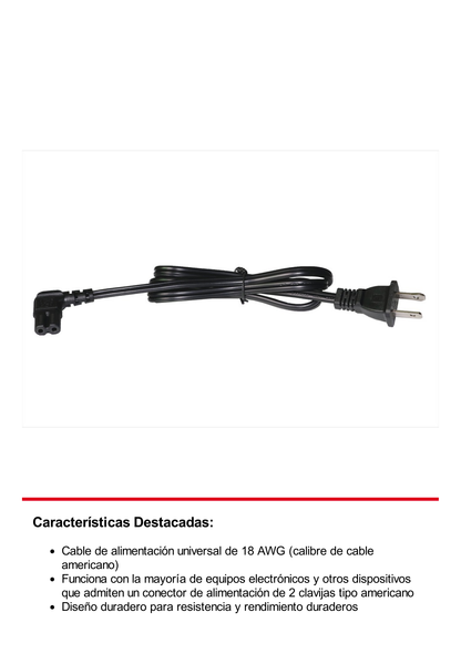 Cable de Alimentación Eléctrica para 120-240 Vca / 1 Metro / 2 Clavijas tipo Americano / Conector en Forma tipo L