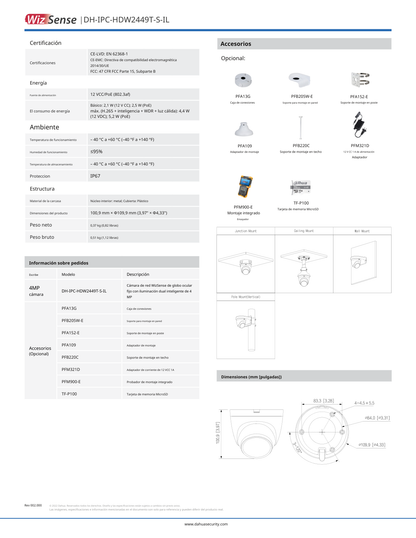 Camara Dahua DH-IPC-HDW2449T-S-IL IP domo 4 mpx lente 2.8 mm IR 30 m metalica 95 gds con micrófono ranura microsd wisenet PoE