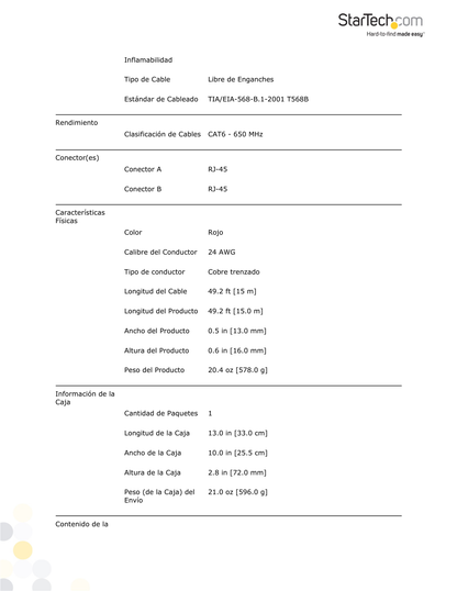 Cable StarTech de 15M Rojo de Red Gigabit UTP Patch Cord Cat6 Ethernet RJ45 Sin Enganche-Snagless