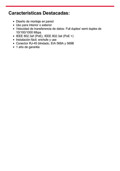 Extensor PoE/ 100 Metros / Intemperie (IP66) / 60 Watts / 1 puerto @ 2 salidas a 30 W  / No requiere fuente de alimentación adicional