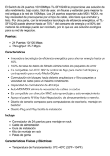 Switch no administrable de 24 puertos 10/100 Mbps para escritorio/rack