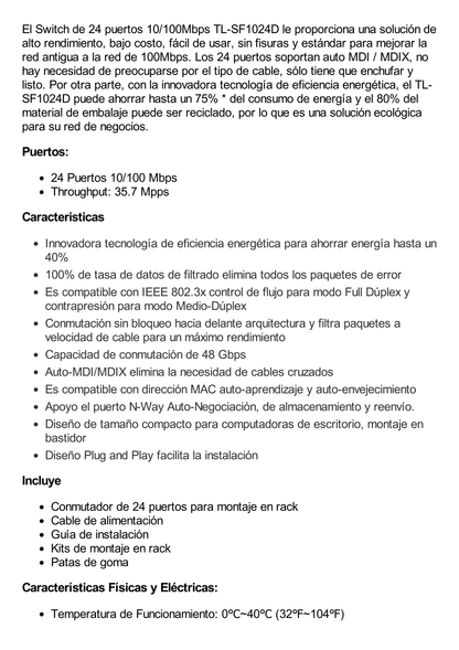 Switch no administrable de 24 puertos 10/100 Mbps para escritorio/rack