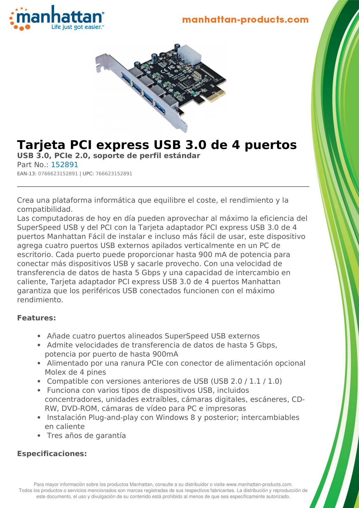 TARJETA MANHATTAN PCI EXPRESS USB V3 4 PUERTOS ESTANDAR BRACKET