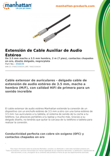 CABLE MANHATTAN DE AUDIO 3.5MM 1 MACHO A 1 HEMBRA 2M