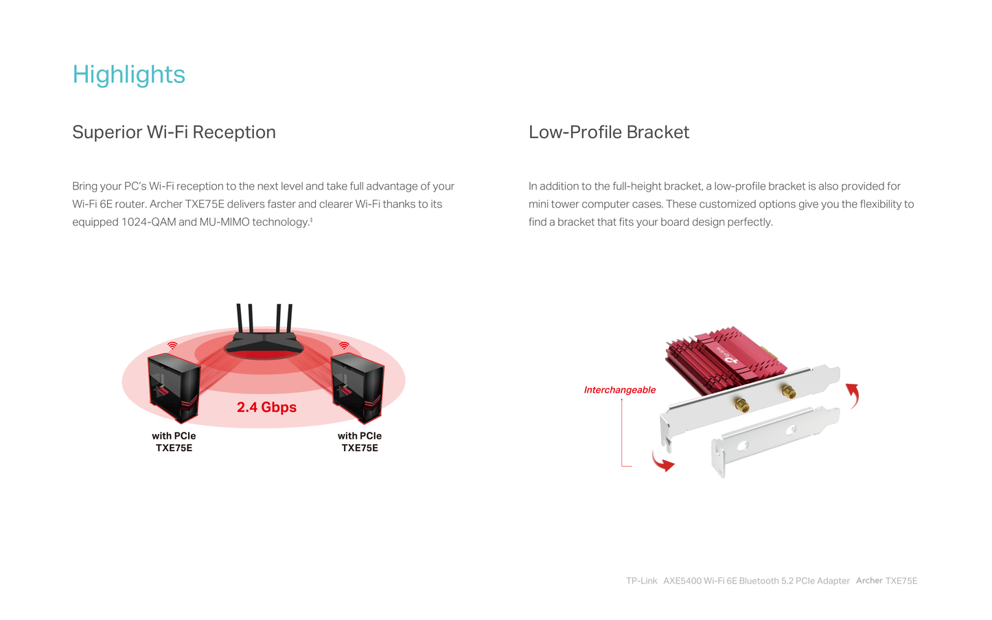 Adaptador inalámbrico PCIe TP-Link Archer TXE75E Wi-Fi 6E AXE5400 Tri-banda 6GHz+5GHz+2.4GHz Bluetooth 5.2 base con 2 antenas