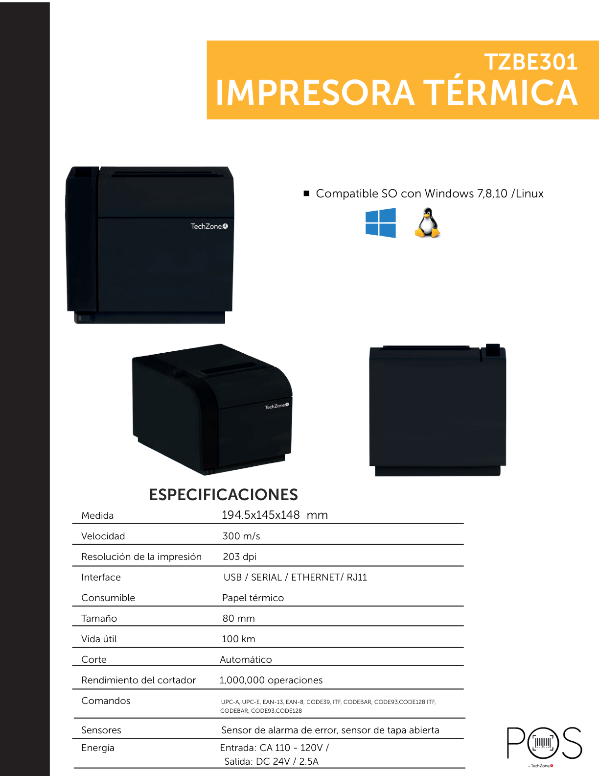 MINIPRINTER TECHZONE POS 80MM  INTERFACE (USB + serial + ethernet + RJ11)  300MM/S