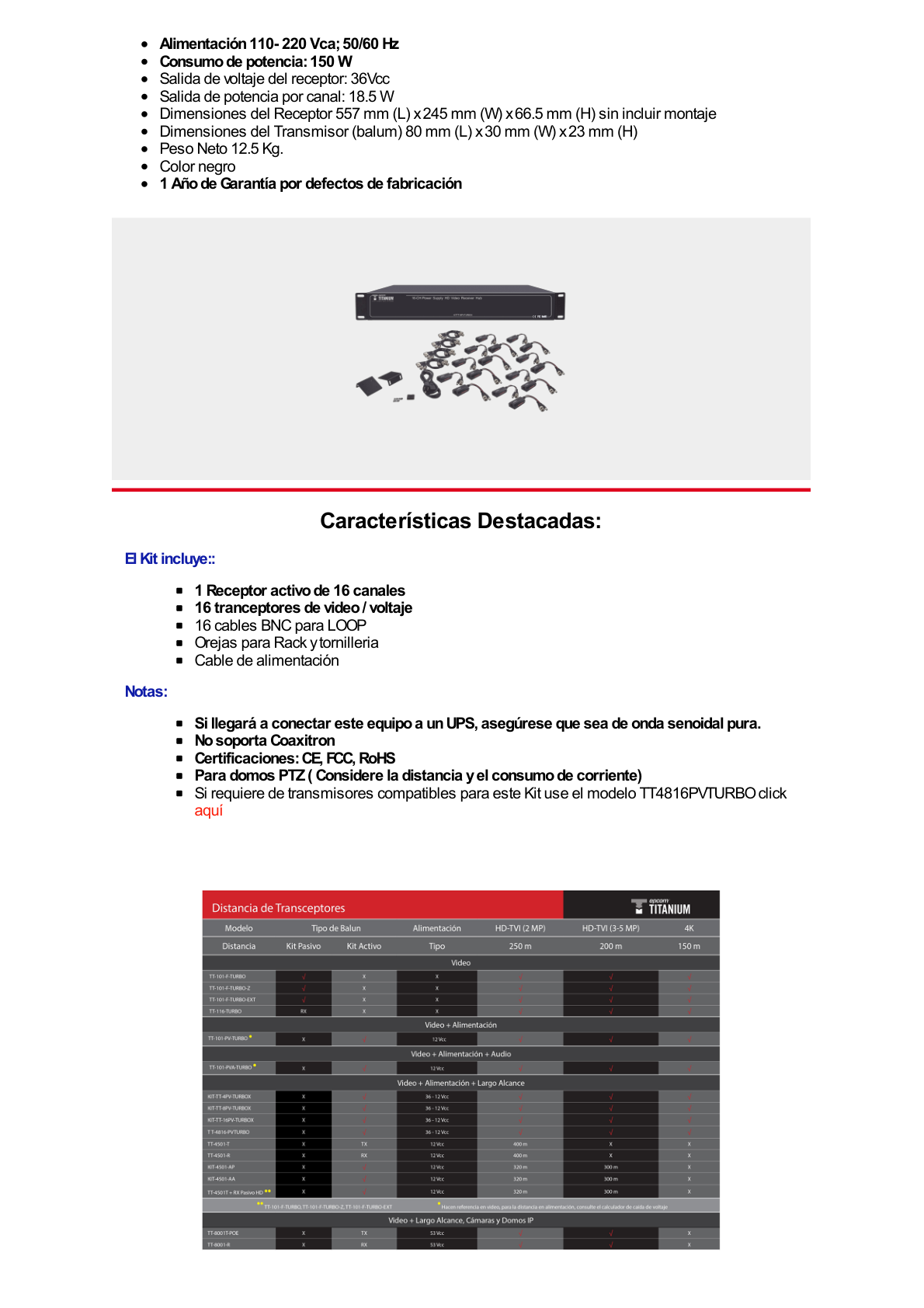 Kit de TRANSCEPTOR ACTIVO DE 16 Canales / VIDEO+PODER en un solo Cable UTP / 150m en 4K, 200m en 5 MP/ Envía 36 Vcc y recibe 12 Vcc / TODO INCLUIDO PARA RACK / Compatible con cámaras HD-TVI/CVI/AHD/CVBS / Instalación Limpia