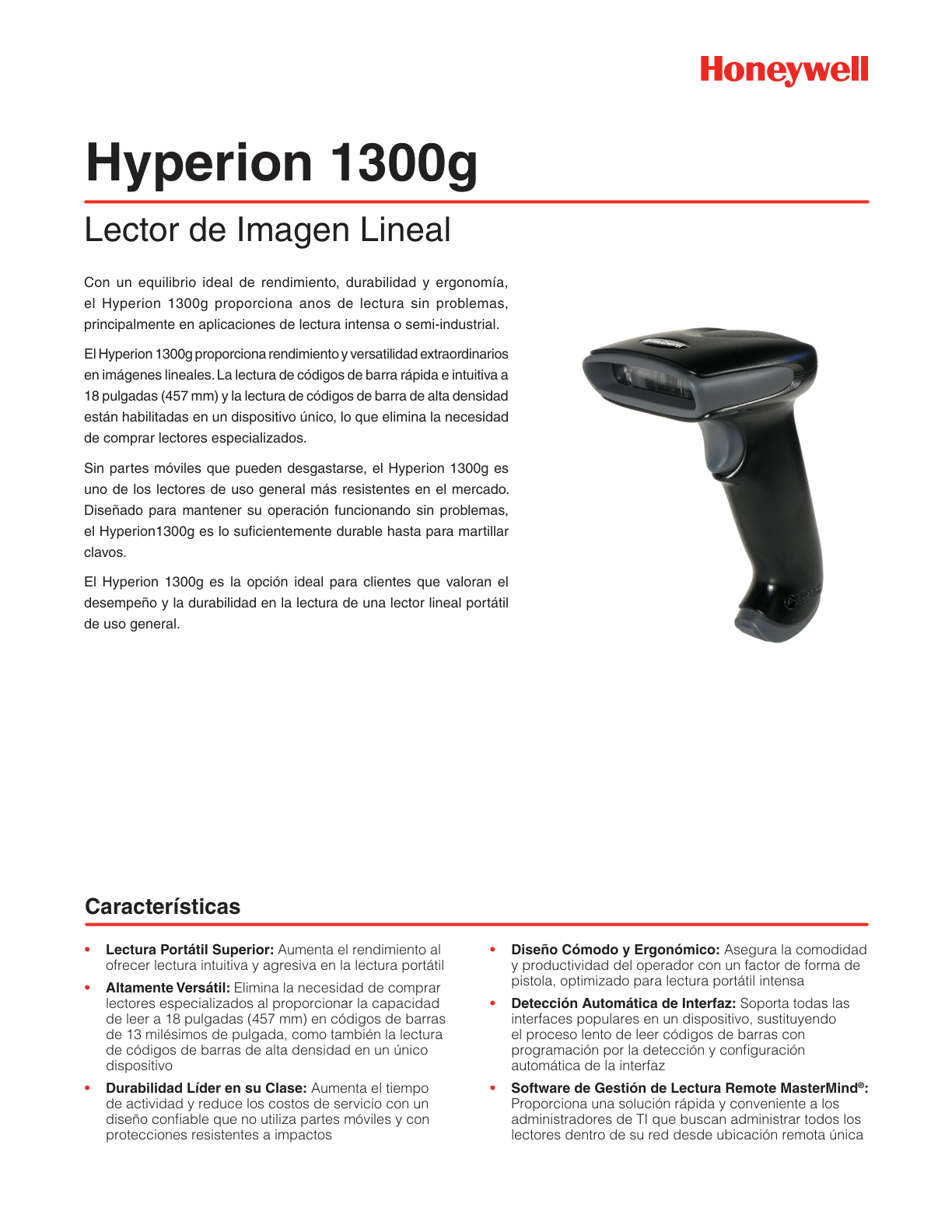 Lector de Codigo de Barras Honeywell Hyperion Imager 1300G-2USB Alambrico 1D con Cable Usb Negro Sin /Base