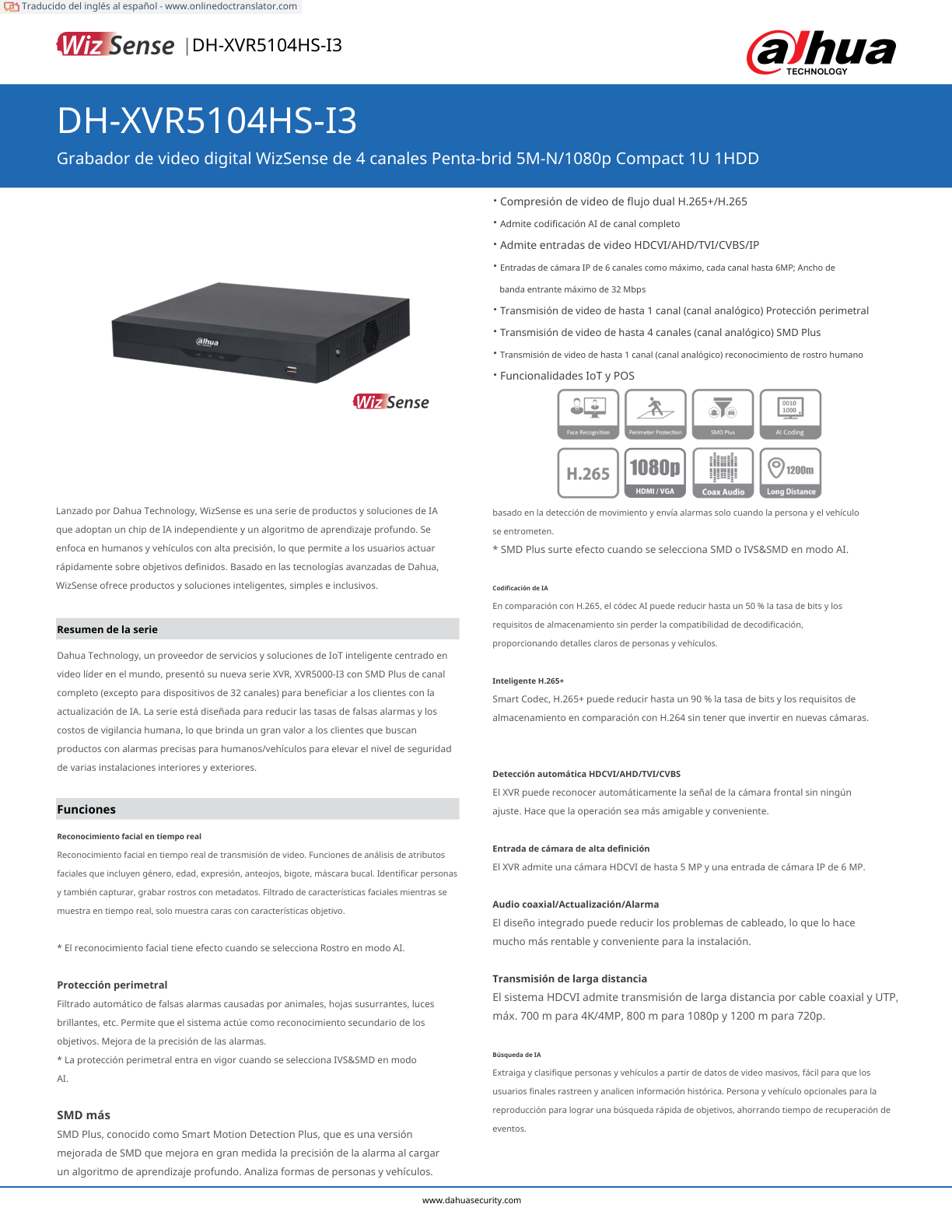 DVR Dahua DH-XVR5104HS-I3 5 mp wizsense soporta 4 canales + 2 IP o hasta 6 canales IP reconocimiento facial y proteccion perimetral en 1 canal 1 puerto SATA