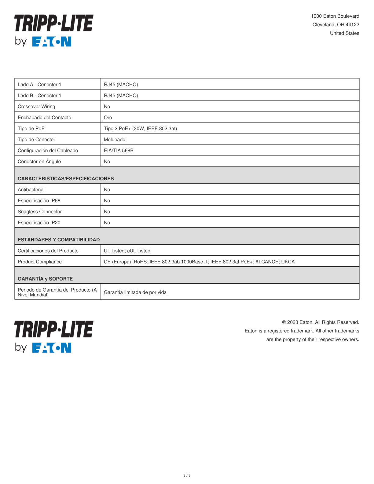 Cable patch UTP TrippLite N002-015-BK CAT 5E negro 4.57 m (15 pies) PoE RJ45 M/M moldeado 350 MHz