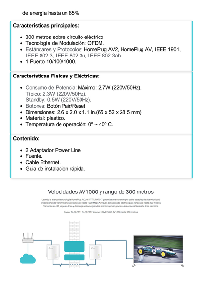 Kit Adaptador Powerline Gigabit Ethernet, tecnologia HomePlug AV2, 1000Mbps, Plug and Play, hasta 300 M dentro de casa, 1 Puerto 10/100/1000 Mbps y tamaño ultra compacto