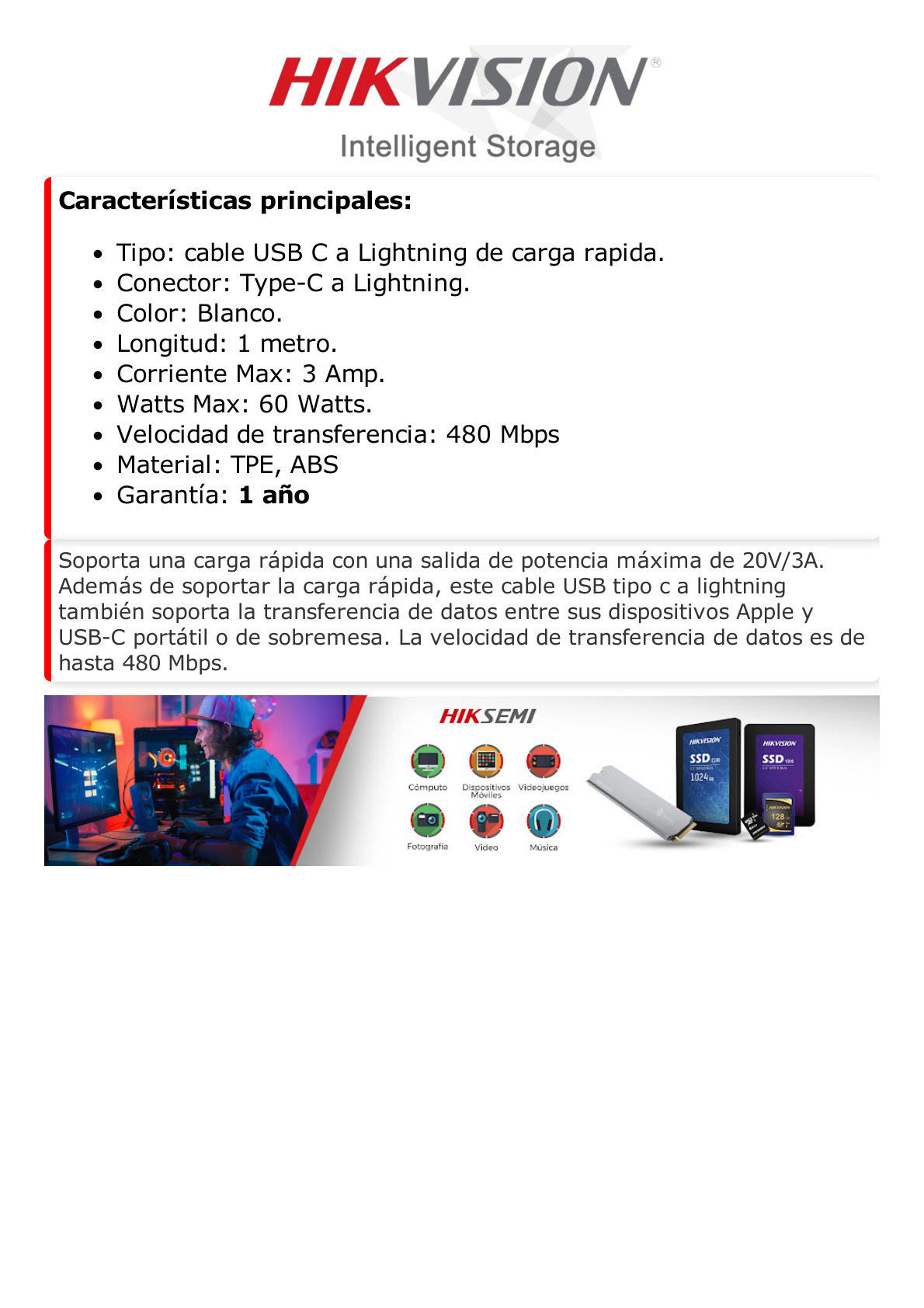 Cable USB-C a Lightning / MFi Certificado / 1 Metro / Ideal para iPhone, iPad y iPod / Carga Rápida 3 Amp / Carga y Sincronización de Datos / 480 Mbps /  60 Watts