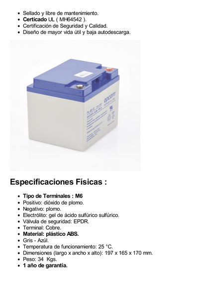 Batería 12 Vcc / 40 Ah / UL / Tecnología AGM-VRLA / Para uso en equipo electrónico Alarmas de intrusión / Incendio/ Control de acceso / Video Vigilancia / Terminales tipo M6 ( HEX ) / Cargador recomendado CHR-250.