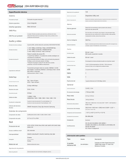 DVR Dahua DH-XVR1B04-I-SSD 4 canales 1080 p lite con disco ssd de 512 gb especializado para videovigilancia wisense h265 4 canales con smd plus busqueda inteligente
