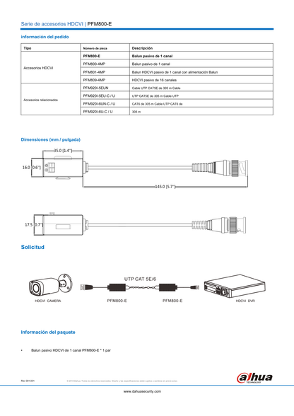 Transceptores Dahua DH-PFM800-E pasivos HDCVI 1080p hasta 250 m o 720p hasta 400 m soporta AHD TVI CBVS