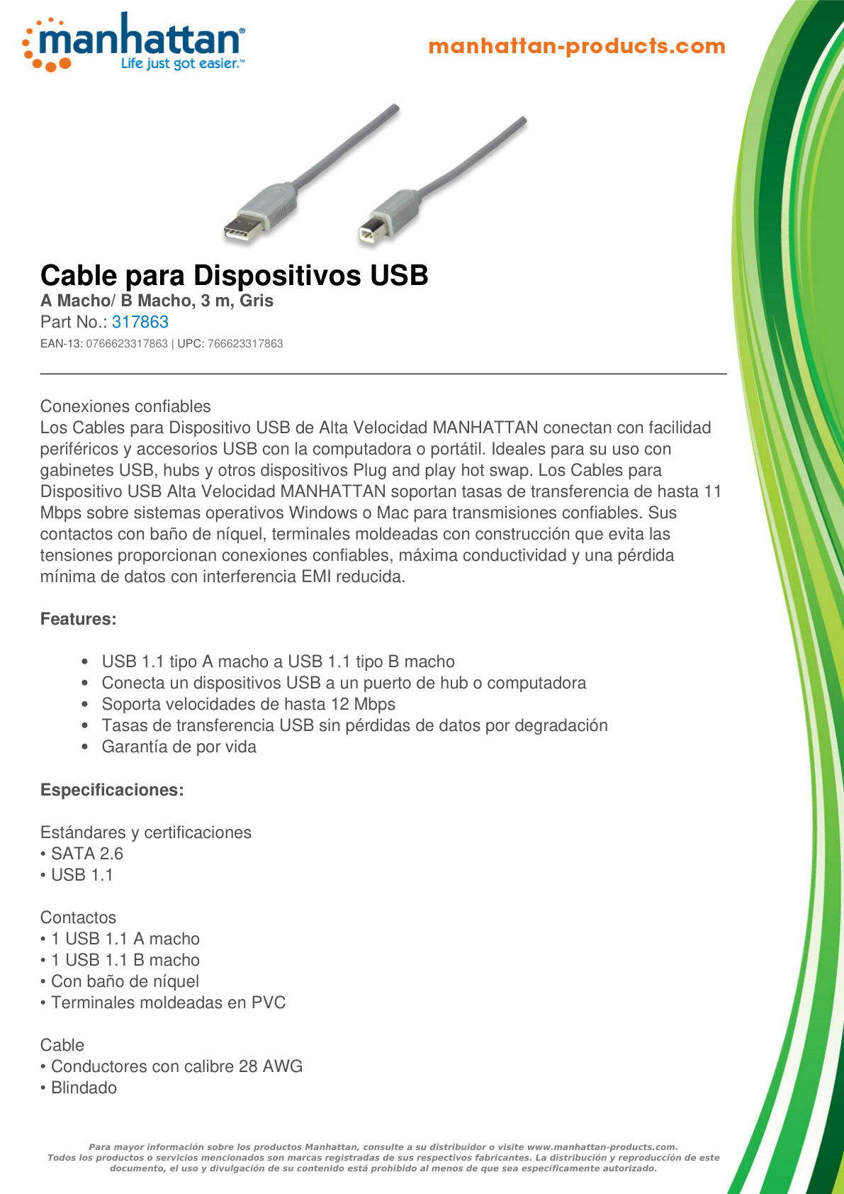 CABLE MANHATTAN PARA IMPRESORA USB  A-B 3M GRIS