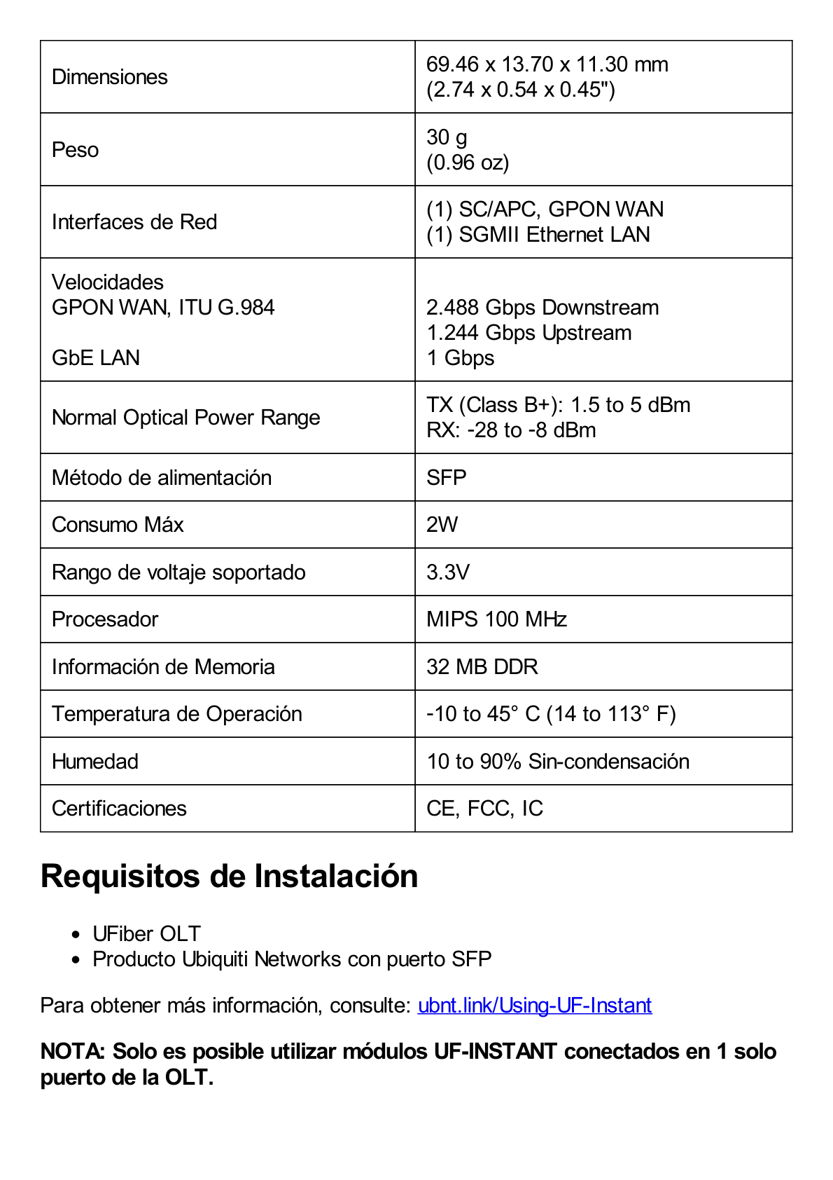 Transceptor Óptico Instant U-Fiber para equipos Ubiquiti Networks