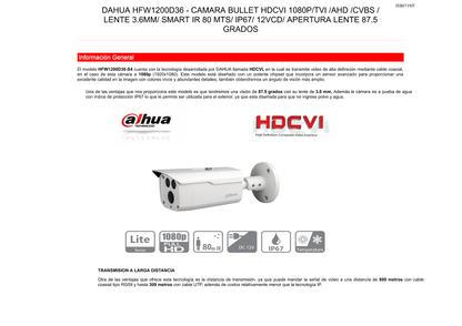 Camara Dahua DH-HAC-HFW1200DN-0360B-S5 bullet HDCVI 1080p lente 3.6mm IR 80 m metalica exterior 87.5 gds apertura IP67