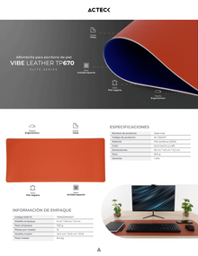 Mousepad Acteck Vibe Leather TP670 Azul/Café Doble Cara Acabado Piel Sintética 100% Vegana 90x40cm