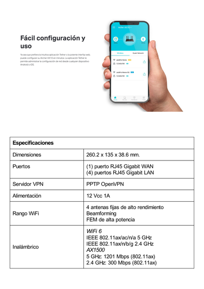 Router WiFi 6 AX 1500Mbps / MU-MIMO 2X2 y OFDMA / 1 Puerto WAN 10/100/1000 Mbps / 4 Puertos LAN 10/100/1000 Mbps / 4 Antenas Beamforming