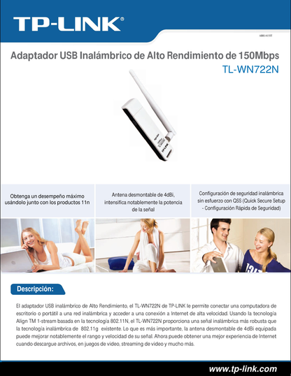 Adaptador inalámbrico USB 2.0 TP-Link TL-WN722N N 150Mbps con antena externa 4dBi