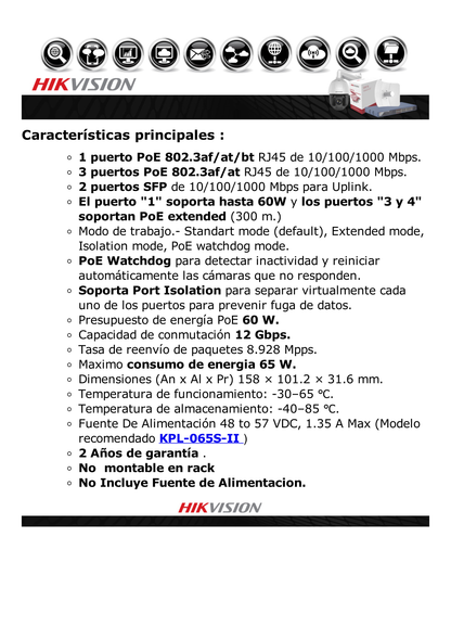 Switch Industrial No Administrable Gigabit / 3 Puertos Gigabit PoE+ (30 W) + 1 Puerto Gigabit PoE++ (60 W) / 2 Puertos SFP / 65 W Total / 48 a 57 VCD / Ideal para Proyectos / 300 Metros de Distancia