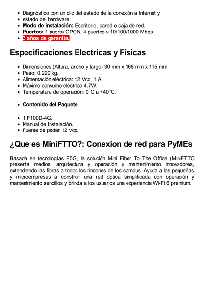 HUAWEI MiniFTTO - ONU Switch Gigabit / 4 puertos 10/100/1000Mbps + 1  PON (SC/UPC)/ Downstream 2.488 Gbps / Upstream 1.244 Gbps / modo puente / Administración Nube