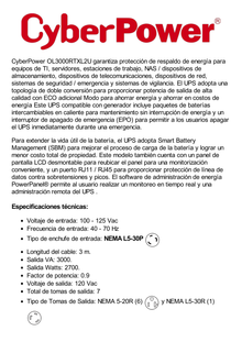 UPS de 3000 VA/2700 W, Online Doble Conversión, Entrada 120 Vca NEMA L5-30P, Onda Senoidal Pura, Torre o Rack de 2 UR, Con 6 Tomas NEMA 5-20R y 1 NEMA L5-30R