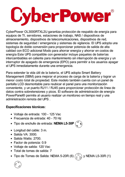 UPS de 3000 VA/2700 W, Online Doble Conversión, Entrada 120 Vca NEMA L5-30P, Onda Senoidal Pura, Torre o Rack de 2 UR, Con 6 Tomas NEMA 5-20R y 1 NEMA L5-30R