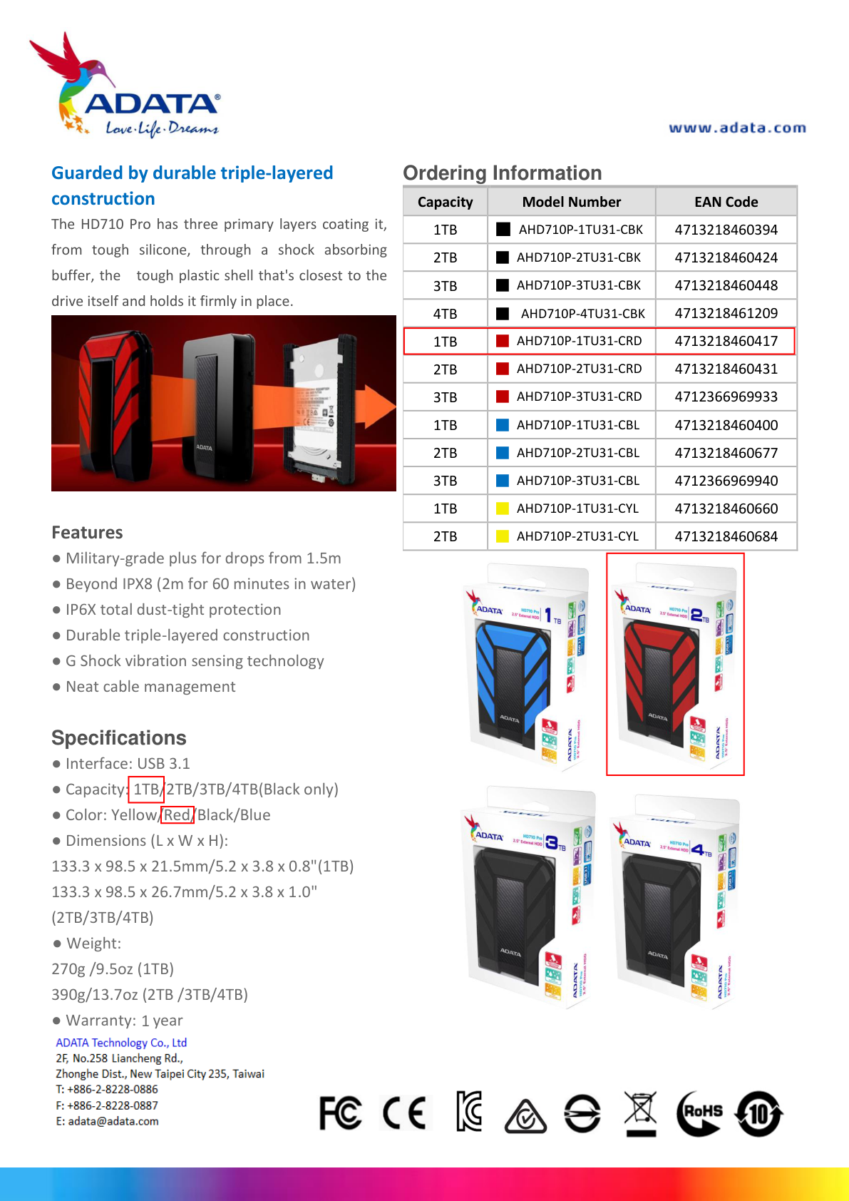 HD EXT 1 TB ADATA 2.5 USB 3.1 AHD710P-1TU31-CRD  CONTRA  AGUA Y GOLPES ROJO