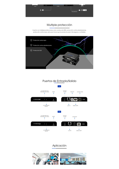 Kit Extensor HDMI para distancias de 120 metros / Resolución 1080P a 60Hz / Cat 6 / Soporta conexión Uno a Uno y Uno a Muchos / Soporta hasta 253 Rx / Salida Loop / Baja Latencia / Uso 24/7 / Soporta HDbitT / Compatible con Switch Gigabit