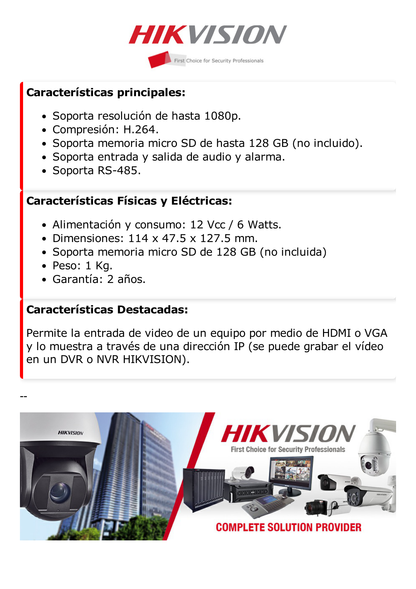 Codificador de Vídeo (Encoder) / Entrada HDMI o VGA / 1 Entrada de Audio