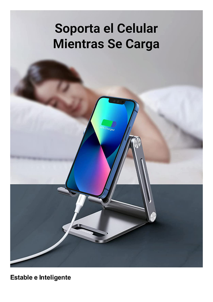 Soporte para Teléfono Celular de Aluminio / Angulo Ajustable / Amplia Compatibilidad con dispositivos de 4.7'' a 7.9'' / Antideslizante / Antiarañazos / Plegable / Color Gris