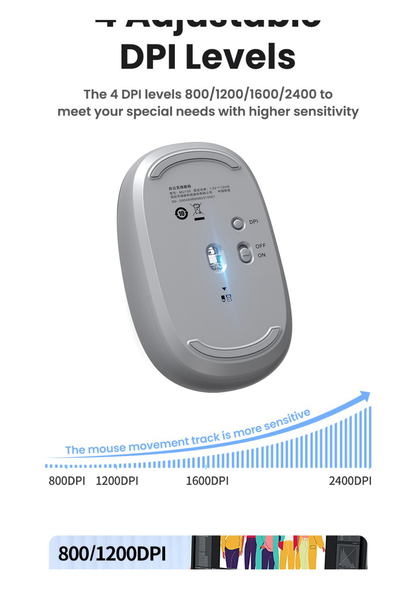 Mouse Inalámbrico 2.4G 800/1200/1600/2400 DPI / Función de 3 botones / Alcance 10m / Silencioso / Ergonómico / Anti-caída y Anti-interferencias / Color Gris / Batería Alcalina AA (incluida).