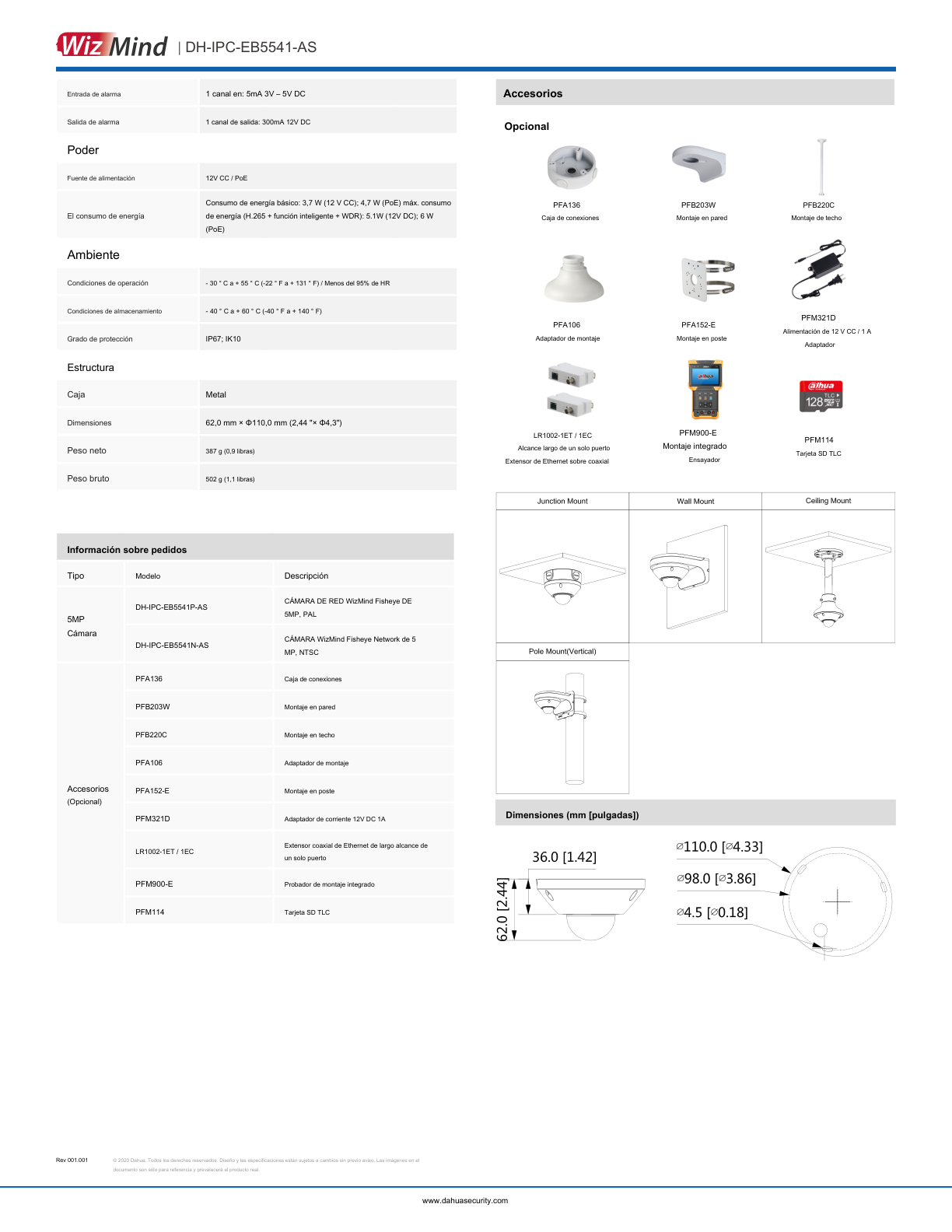 Camara Dahua DH-IPC-EB5541N-AS IP fish eye de 5 mpx 360 gds h.265+ 1 canal de E&S microfono integrado PoE  IP67