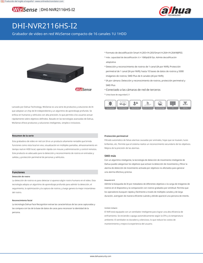 NVR Dahua DHI-NVR2116HS-I2 8 mpx 16 canales IP con IA rendimiento de 144 mbp HDMI&VGA