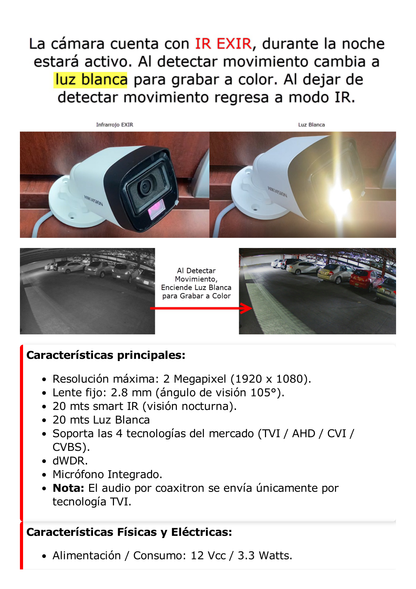 [Dual Light + ColorVu] Bala TURBOHD 2 Megapixel (1080p) / Lente 2.8 mm / 20 mts IR + 20 mts Luz Blanca / Gran Angular 105° / Exterior IP67 / Micrófono Integrado / dWDR / 4 Tecnologías