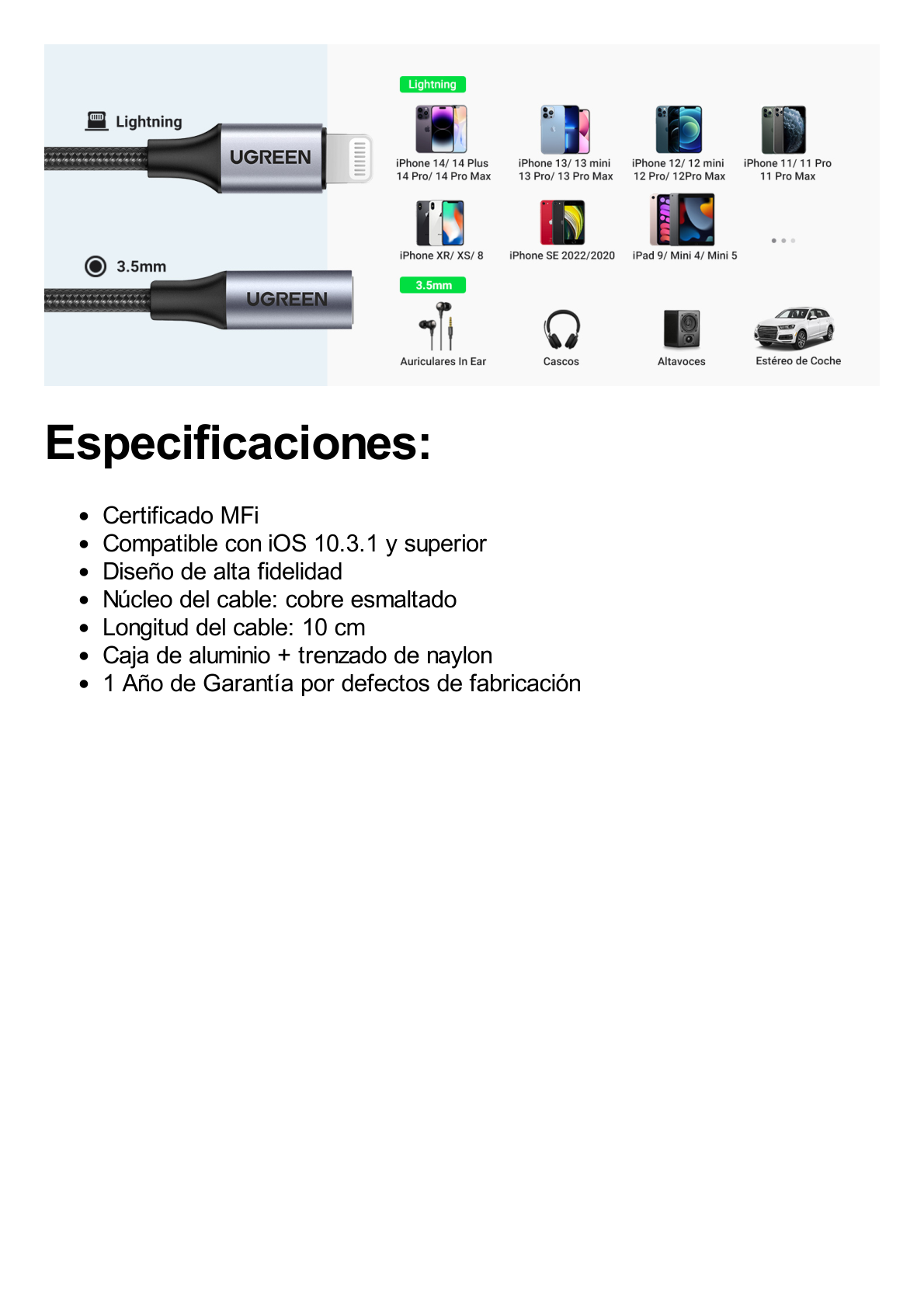 Adaptador de Auriculares Lightning a 3.5mm | Certificado MFI | 100% compatible con dispositivos Apple | Ideal para llamadas, Música y Control de Línea | Caja de Aluminio | Nylon Trenzado | Blindaje Múltiple | Cable de 10cm.