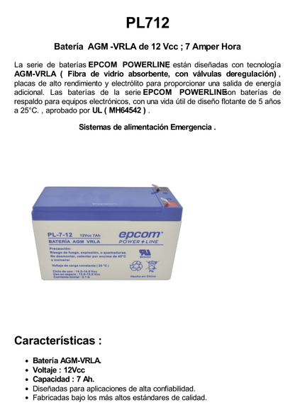 Batería 12 Vcc / 7 Ah / UL / Tecnología AGM-VRLA / Para uso en equipo electrónico Alarmas de intrusión / Incendio/ Control de acceso / Video Vigilancia / Terminales F1 / Cargador recomendado CHR-80.