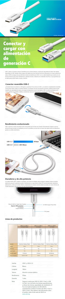 CABLE ADATA PLASTICO TIPO C A USB 3.0 1M COLOR PLATA