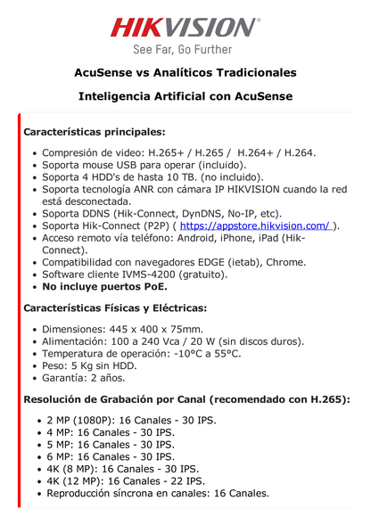 NVR 12 Megapixel (4K) / 16 canales IP / AcuSense (Evita Falsas Alarmas) / Reconocimiento Facial /  4 Bahías de Disco Duro /  HDMI en 4K / Alarmas I/O