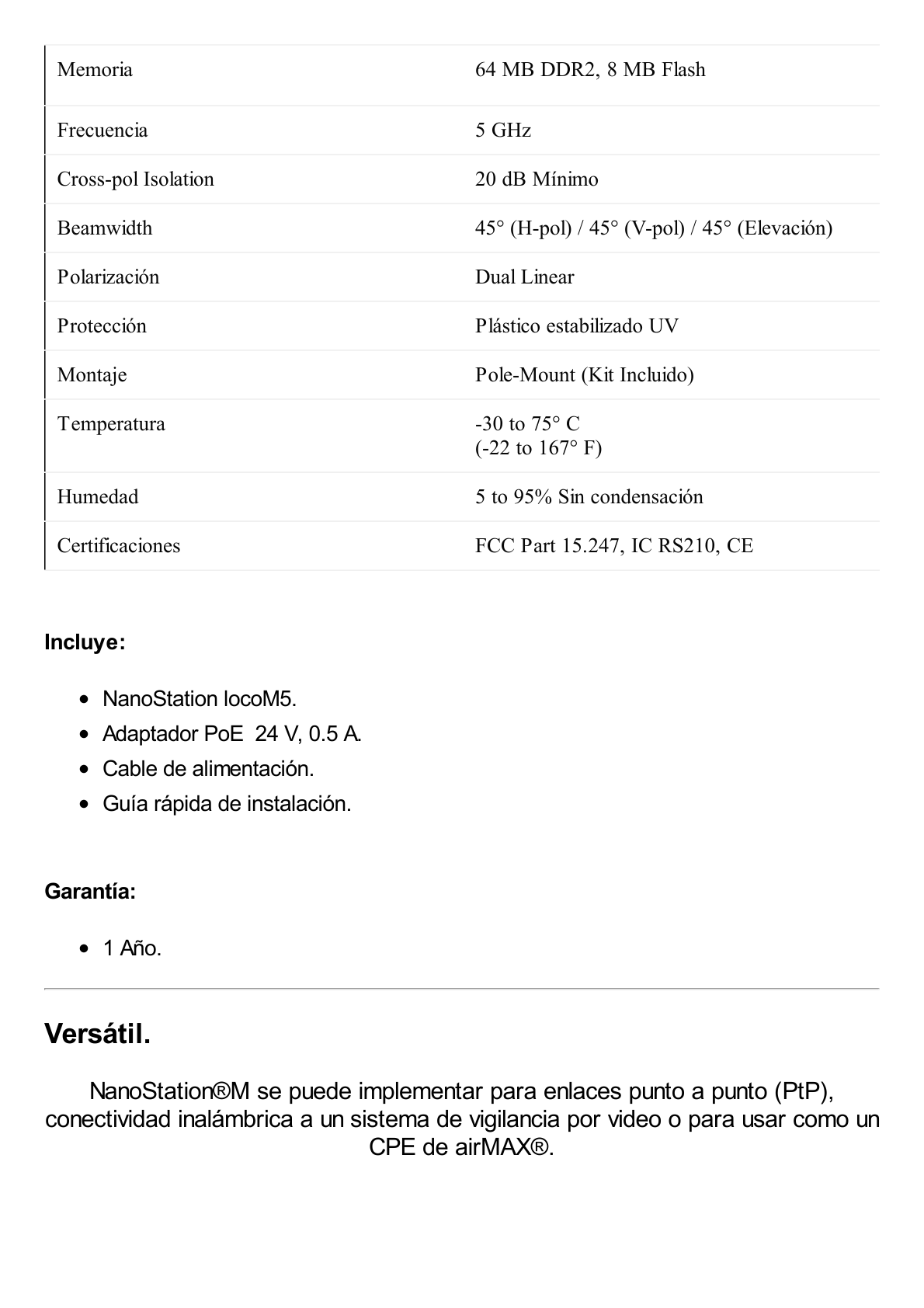 NanoStation airMAX locoM5 CPE,  hasta 150 Mbps, frecuencia 5 GHz (5170-5875 MHz) con antena integrada de 13 dBi