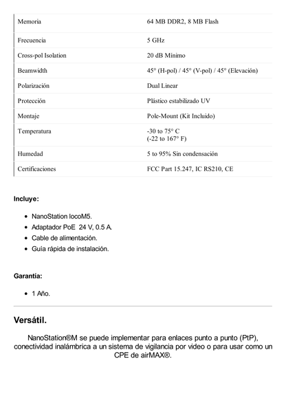 NanoStation airMAX locoM5 CPE,  hasta 150 Mbps, frecuencia 5 GHz (5170-5875 MHz) con antena integrada de 13 dBi