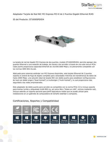 Tarjeta de Red StarTech Gigabit Ethernet 2 Puertos PCI Express NIC RJ45