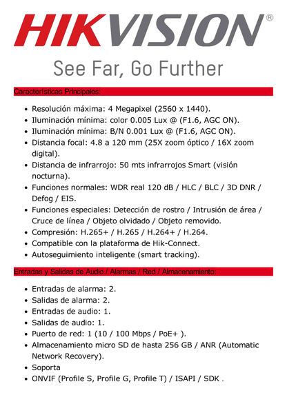 Mini Domo IP PTZ 4 Megapixel / 25X Zoom / 50 mts Luz Infrarroja Inteligente (Visión Nocturna) / Autoseguimiento / WDR 120 dB / PoE+ / IP66 / Ultra Baja Iluminación / MicroSD