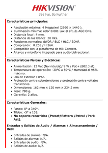 Domo PT IP 4 Megapixel / Lente 4 mm  / Luz Blanca 30 mts / dWDR  / PoE / IP66 / Micrófono y Bocina Interconstruido / Micro SD / Incluye Montaje de Pered y Techo